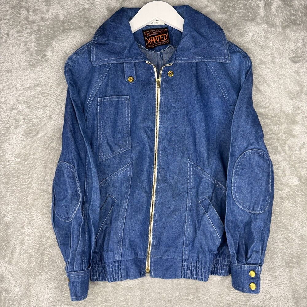 Vtg 90s Denim Jacket Womens Small Biker Moto Full Zip Chinstrap Blue Pockets